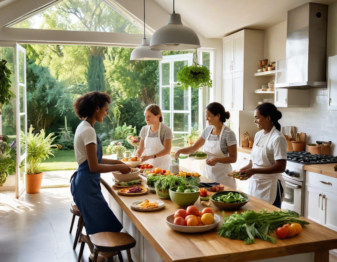 A serene landscape featuring a diverse group of people joyfully using Ibili cooking products in a bright, sunlit kitchen, surrounded by fresh ingredients and vibrant colors. In the background, a lush garden symbolizes community and growth, with soft rays of sunlight filtering through. The atmosphere should exude happiness and empowerment, showcasing connections among family and friends as they create delightful meals together. The scene should evoke a sense of bliss and fulfillment. super-realistic. vibrant colors. natural light.
