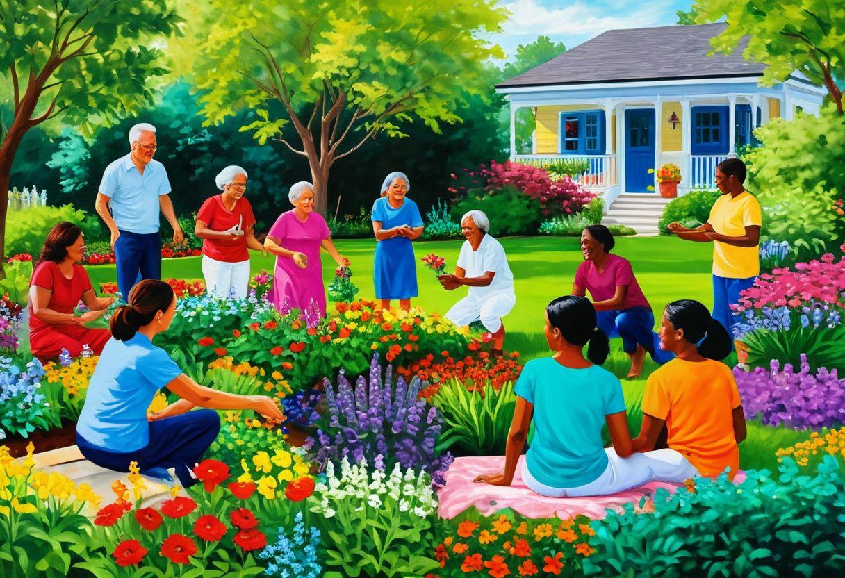A vibrant community scene depicting diverse individuals engaging in joyful activities, surrounded by lush greenery and colorful flowers. Illustrate a communal garden with people planting, laughing, and sharing stories, capturing the spirit of collaboration and happiness. Include playful children, elders sharing wisdom, and a harmonious atmosphere. Use bright and uplifting colors to evoke a sense of joy and togetherness. painting. vibrant colors.