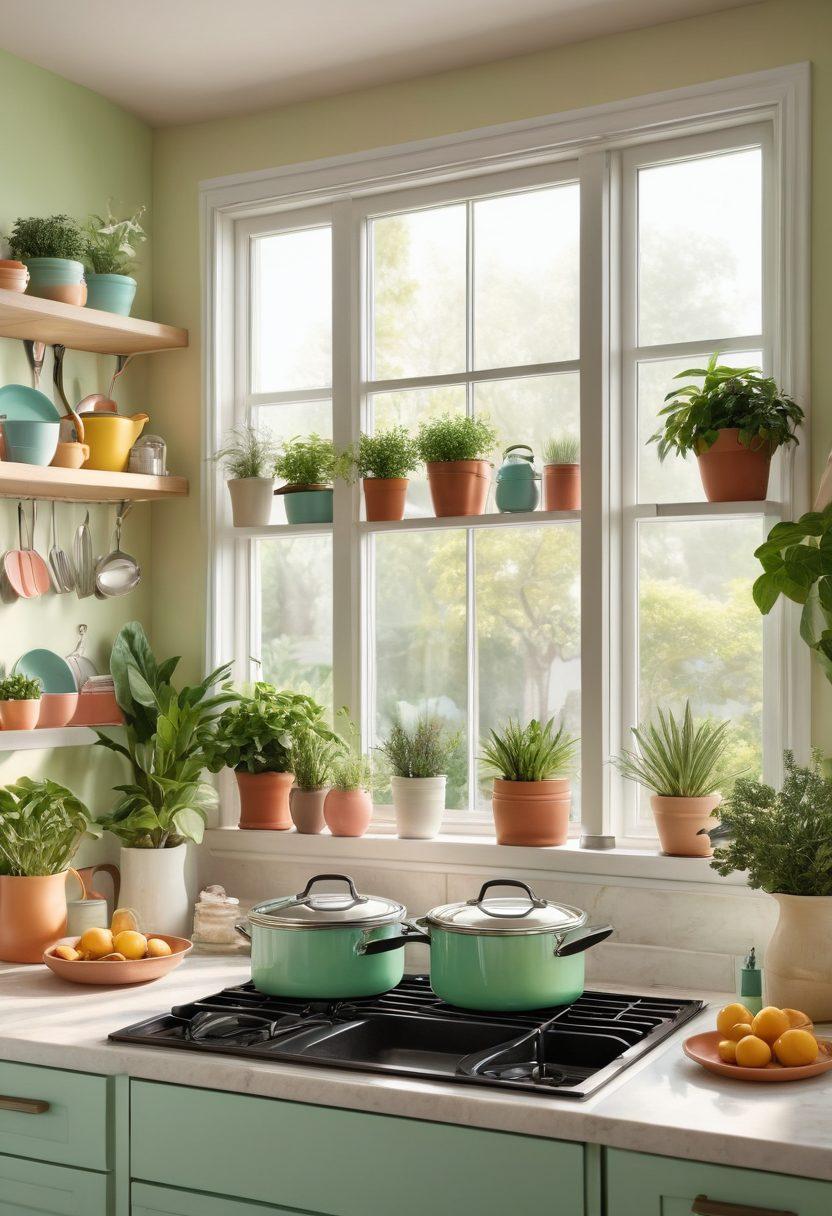 A serene and cheerful home interior showcasing an inviting living space filled with cozy Ibili cookware and kitchen essentials, sunlight streaming through large windows, lush green plants in the corners, and a happy family cooking and enjoying their time together. Soft pastel colors and whimsical elements that depict comfort and joy in everyday life. vibrant colors. super-realistic.